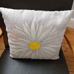 Cushion With Real Leather Appliqu??d Flower in Cream Different Coloured Sewing Thread On Grey Linen Effect Fabric - thumbnail 3