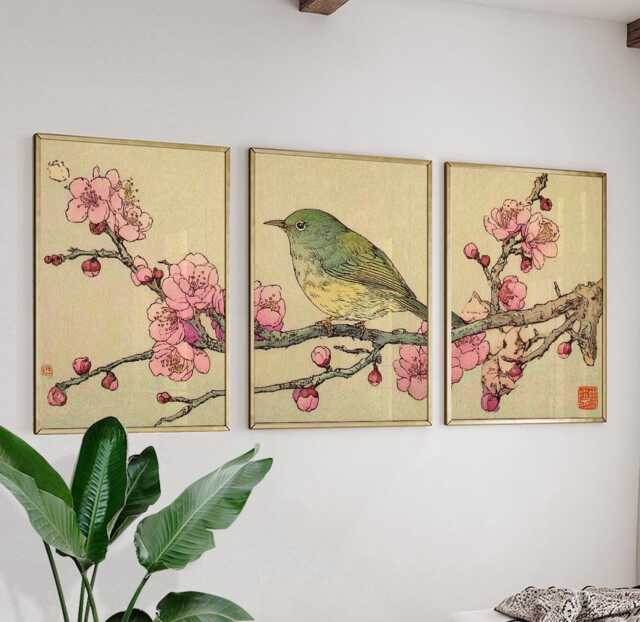 Bird & Blossom Posters Set Of 3, Japanese Floral Art Prints Wall Decor - image 1