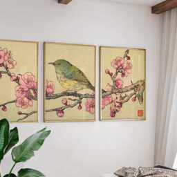 Bird & Blossom Posters Set Of 3, Japanese Floral Art Prints Wall Decor - thumbnail 2