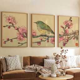 Bird & Blossom Posters Set Of 3, Japanese Floral Art Prints Wall Decor - thumbnail 3
