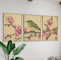 Bird & Blossom Posters Set Of 3, Japanese Floral Art Prints Wall Decor - thumbnail 1
