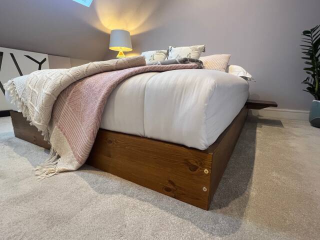 Low Platform Bed Frame Solid Pine Wood, Japanese Style, Oak Finish - image 1