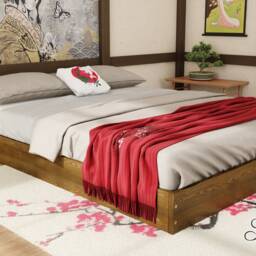 Low Platform Bed Frame Solid Pine Wood, Japanese Style, Oak Finish - thumbnail 2