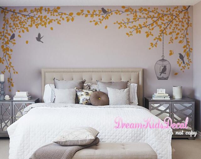 Tree Branch Vine Wall Decal Art, Bedroom, Children Decals, Name -Grey Tree With Birdcage Decor-Dk246 - image 1