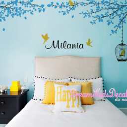 Tree Branch Vine Wall Decal Art, Bedroom, Children Decals, Name -Grey Tree With Birdcage Decor-Dk246 - thumbnail 2