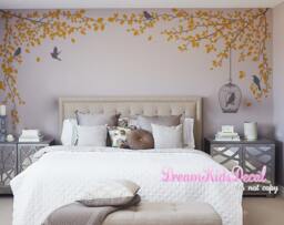 Tree Branch Vine Wall Decal Art, Bedroom, Children Decals, Name -Grey Tree With Birdcage Decor-Dk246