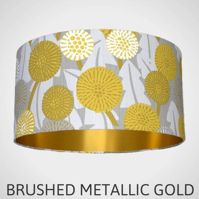 Yellow & Grey Floral Lampshade With Gold Lining in Scandinavian Fabric, Abstract Flower Drum Light Shade For Ceiling Or Lamp Base - image 1