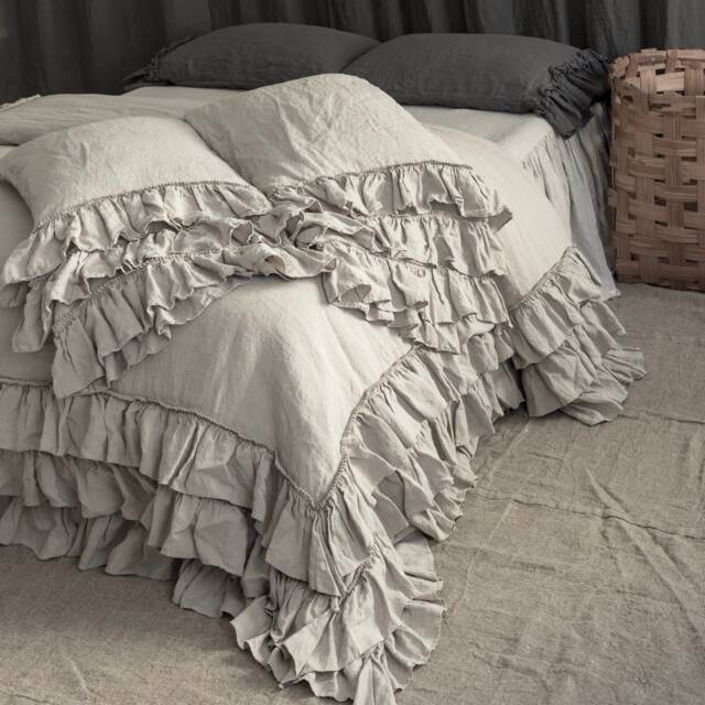 Linen Duvet Cover Set. French Style Thick Ruffled Stonewashed Natural Linen Bedding. Mooshop Classic - image 1