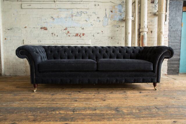 Black Velvet 4 Seater Chesterfield Sofa, British Handmade - image 1