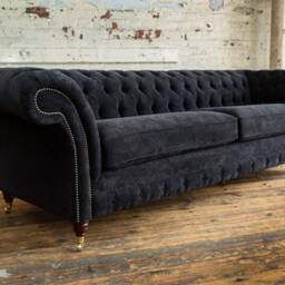 Black Velvet 4 Seater Chesterfield Sofa, British Handmade - thumbnail 2