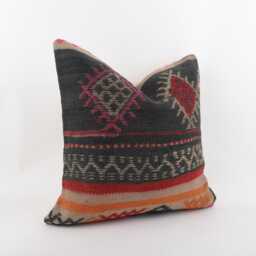 Handwoven Wool Kilim Pillow Cover 20x20 Inch, Boho Decorative Cushion Case - thumbnail 2