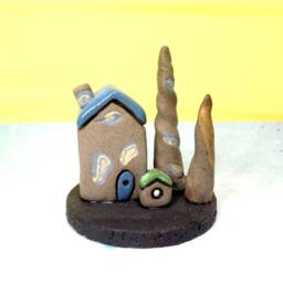 Small Blue Gray Clay House Handmade Rustic Ceramic Table Top Sculpture - thumbnail 2