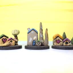 Small Blue Gray Clay House Handmade Rustic Ceramic Table Top Sculpture - thumbnail 4
