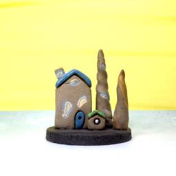 Small Blue Gray Clay House Handmade Rustic Ceramic Table Top Sculpture