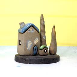 Small Blue Gray Clay House Handmade Rustic Ceramic Table Top Sculpture - thumbnail 3