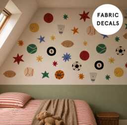 Smiley Face Sports Balls + Star Fabric Wall Decals For Boys Room - Peel & Stick
