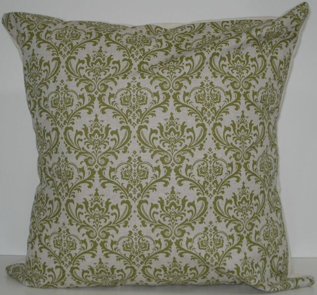 New 18x18 Inch Designer Handmade Pillow Case. Damask Pattern in Olive Green On Linen Colored Fabric