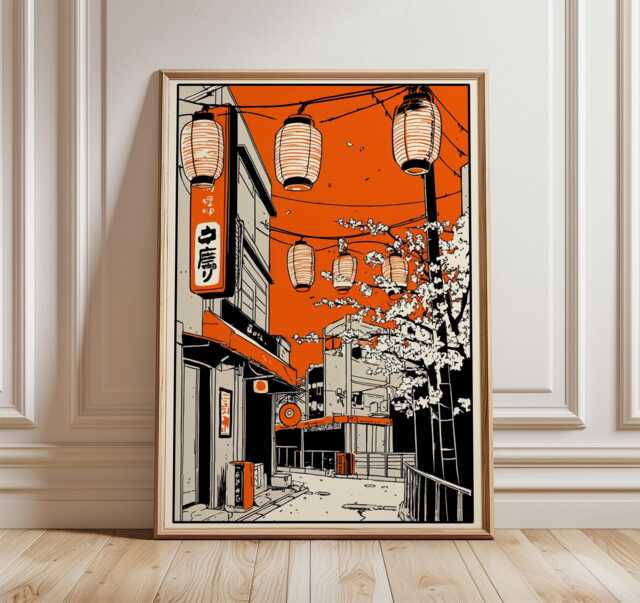 Japanese Lantern Street Poster, Vintage Travel Art, Kyoto Print, Traditional Asian Wall Decor, Cherry Blossom Illustration - image 1