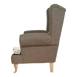 Queen Anne Wingback Chair Stag Print, Brown Fabric, Brass Castor Legs - thumbnail 3