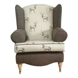 Queen Anne Wingback Chair Stag Print, Brown Fabric, Brass Castor Legs - thumbnail 2