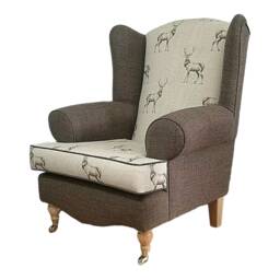 Queen Anne Wingback Chair Stag Print, Brown Fabric, Brass Castor Legs