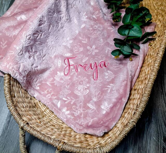 Personalised Baby Swaddle Wrap, Embossed Floral Print, Pink, Flowers, Soft & Fluffy - image 1