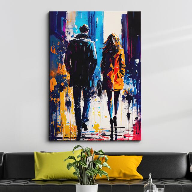 Couple Walking in The City Abstract Oil Painting Style Wall Art, Framed Canvas Poster Print, Home Kitchen Office Room Decor, Gifts - image 1