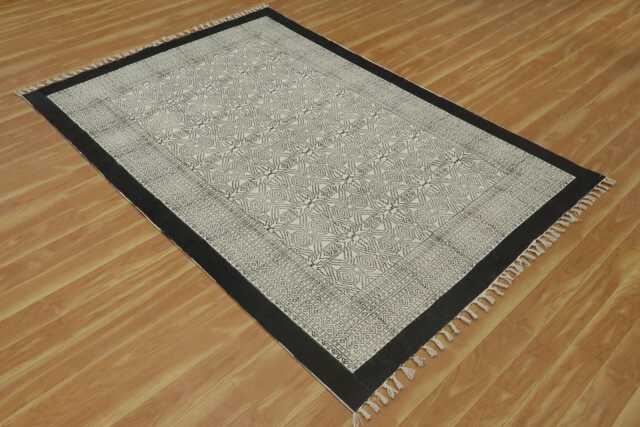 Hand Block Printed Cotton Rug Black Border, Beige Kilim - image 1