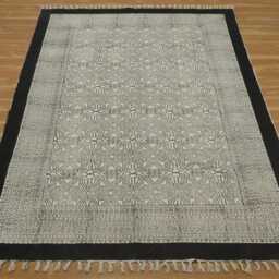 Hand Block Printed Cotton Rug Black Border, Beige Kilim - thumbnail 2
