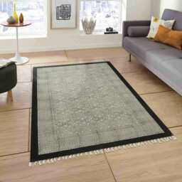 Hand Block Printed Cotton Rug Black Border, Beige Kilim - thumbnail 3
