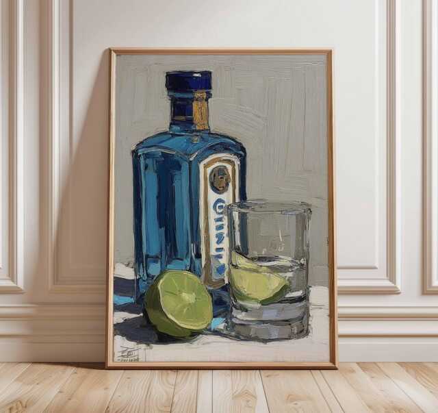 Blue Gin Bottle Cocktail Art Print, Impasto Oil Painting, Modern Still Life Kitchen Bar Cart Decor Gift Poster - image 1