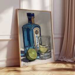 Blue Gin Bottle Cocktail Art Print, Impasto Oil Painting, Modern Still Life Kitchen Bar Cart Decor Gift Poster - thumbnail 2