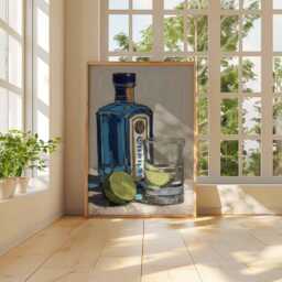 Blue Gin Bottle Cocktail Art Print, Impasto Oil Painting, Modern Still Life Kitchen Bar Cart Decor Gift Poster - thumbnail 3