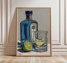 Blue Gin Bottle Cocktail Art Print, Impasto Oil Painting, Modern Still Life Kitchen Bar Cart Decor Gift Poster - thumbnail 1