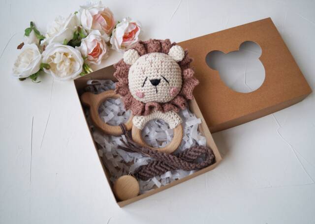 Safari Baby Shower Gift Box, Lion Crochet Toy, Personalized For Boy, Congrats On Pregnancy Basket, Baby Welcome Present - image 1