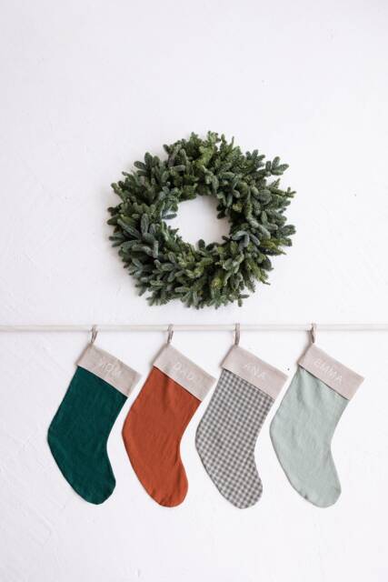 Embroidered Linen Stocking, Personalized Christmas Stocking With Names, Farmhouse - image 1