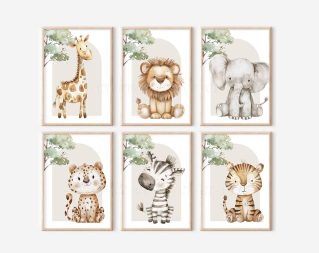 Choose Your Own Safari Animal Elephant Giraffe Zebra Lion Boy A4 Or A3 Nursery Set Of Unframed Prints Blue With White Stars & Bow Ties - image 1