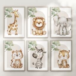 Choose Your Own Safari Animal Elephant Giraffe Zebra Lion Boy A4 Or A3 Nursery Set Of Unframed Prints Blue With White Stars & Bow Ties - thumbnail 3