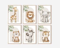 Choose Your Own Safari Animal Elephant Giraffe Zebra Lion Boy A4 Or A3 Nursery Set Of Unframed Prints Blue With White Stars & Bow Ties - thumbnail 1