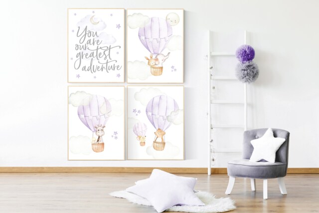 Purple Hot Air Balloon Nursery Print Animal Adventure Wall Art - image 1