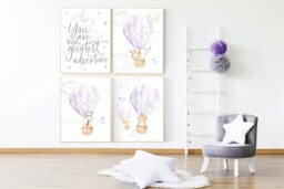 Purple Hot Air Balloon Nursery Print Animal Adventure Wall Art - thumbnail 1