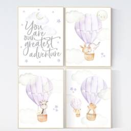 Purple Hot Air Balloon Nursery Print Animal Adventure Wall Art - thumbnail 2