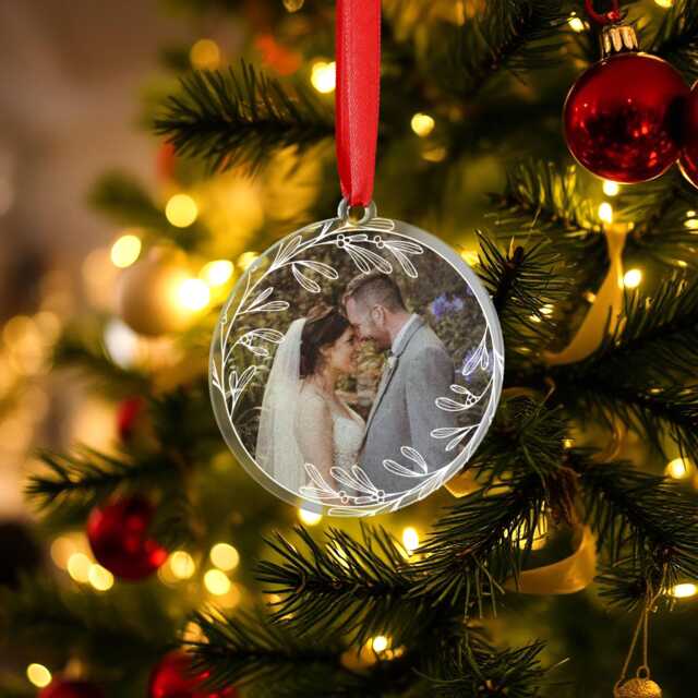 Personalised Christmas Bauble Ornament Custom Printed Couples Gift Newly Weds Engagement Wedding Present Photo Wreath Design - image 1