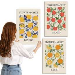 3 Piece Canvas Set - Floral Posters in London, Milan & Paris, Beige Wall Art Canvas, Plants Flowers Decor - thumbnail 3