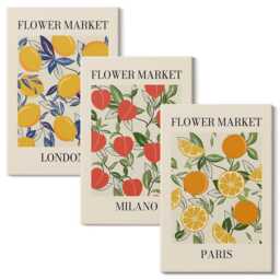 3 Piece Canvas Set - Floral Posters in London, Milan & Paris, Beige Wall Art Canvas, Plants Flowers Decor - thumbnail 2