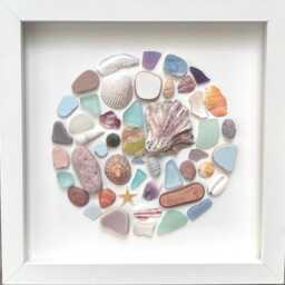 Colorful Beach Collage Circle Made Of Scottish Sea Glass, Shells, Pottery & Pebbles, 9x9 Framed Handmade Original Wall Decor - thumbnail 3