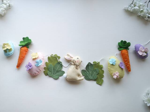 Easter Bunny Garland With Carrots, Felt Easter Egg Garland, Bunting, Decor, Gifts For Her, Spring Garland/Banner - image 1