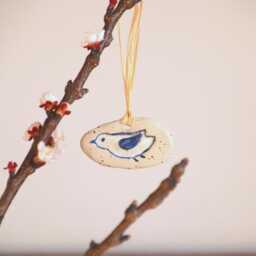 Ceramic Bird Pendant, Matte Blue & White, Handmade, Wall Decoration, Peace Symbol - thumbnail 1