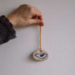 Ceramic Bird Pendant, Matte Blue & White, Handmade, Wall Decoration, Peace Symbol - thumbnail 3