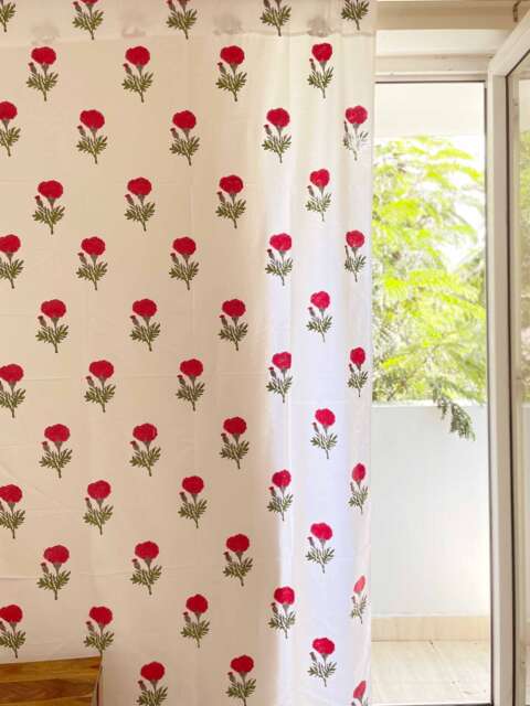 Red Marigold Block Print Cotton Curtain Panels, Set Of Two - image 1